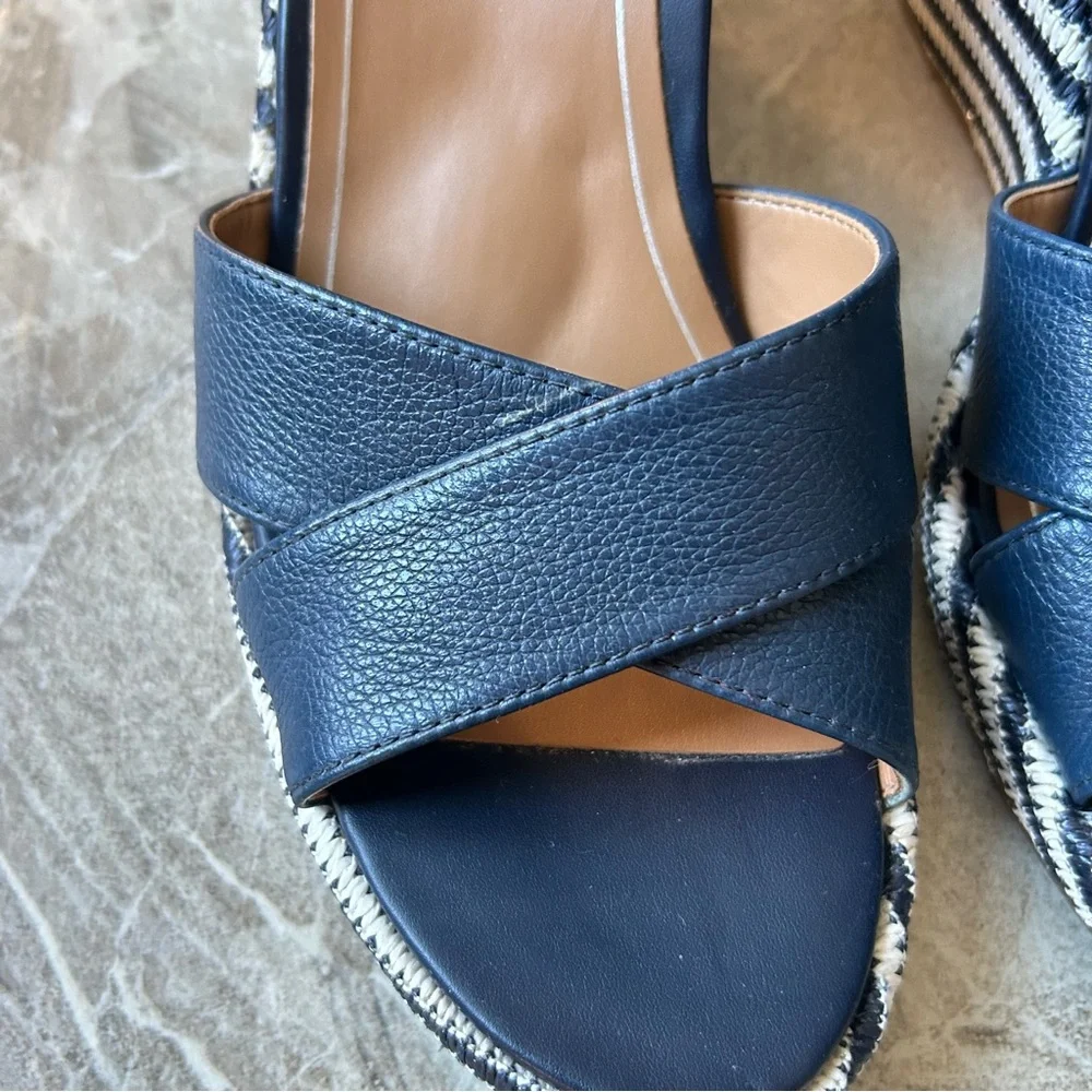 Vionic Marina Navy Stripe Leather Wedge Sandals, Size 9.5 EUC